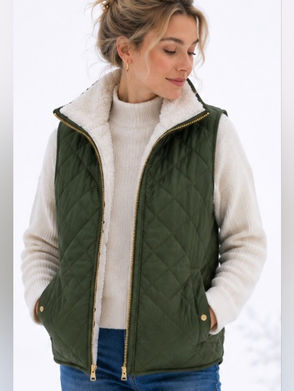 Joie Reversible Olive Quilted Sherpa Vest Gold Zip Coastal Luxe Quiet luxury